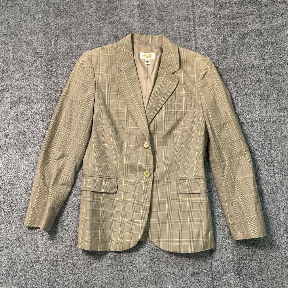 Talbots Womens Tan Green Plaid Cotton Linen Two Button Blazer Jacket Size 6